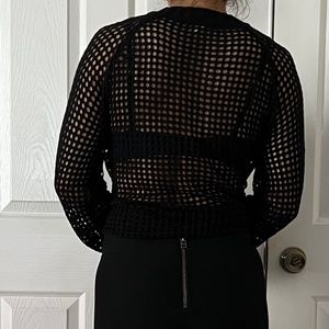 Women Crochet Cover Up Hollow Out  Sweater Long Sleeve Pullover Top Black Sz. S
